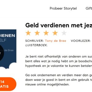 'Geld verdienen met jezelf' als luisterboek' op Storytel door Tony de Bree